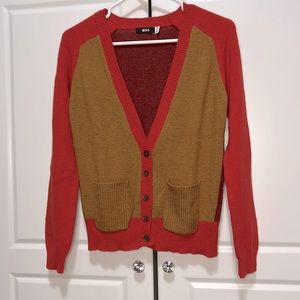 BDG Preppy Wool Blend Cardigan Sz S Color Block Red and Tan Button Down